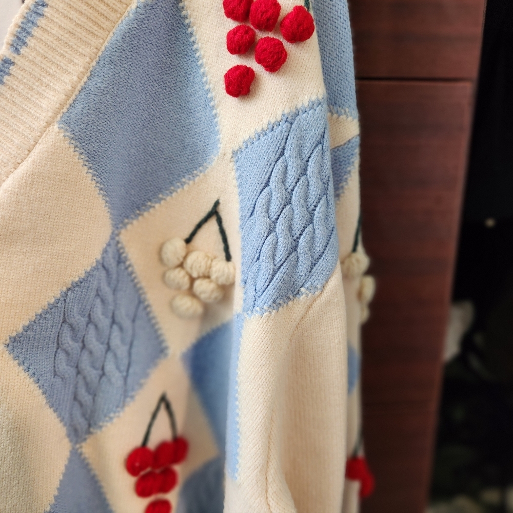 New Anthropologie Greylin Zena  Argyle Sweater with Cherry Accents L - Picture 4 of 5